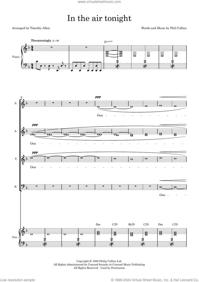 In The Air Tonight (arr. Tim Allen) (COMPLETE) sheet music for orchestra/band (SATB) by Phil Collins and Tim Allen, intermediate skill level