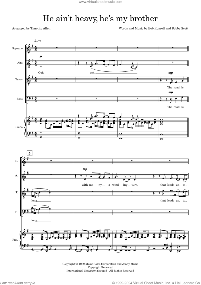 He Ain't Heavy, He's My Brother (arr. Tim Allen) (COMPLETE) sheet music for orchestra/band (SATB) by The Hollies, Bob Russell, Bobby Scott and Tim Allen, intermediate skill level