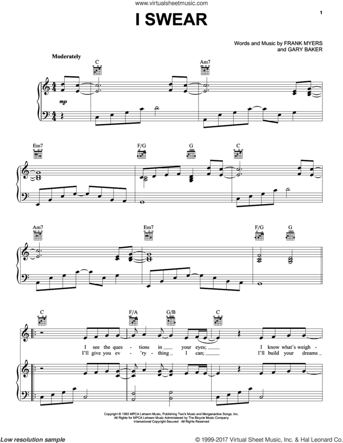 I Swear sheet music for voice, piano or guitar by John Michael Montgomery, All-4-One, David Foster, Frank Myers and Gary Baker, wedding score, intermediate skill level