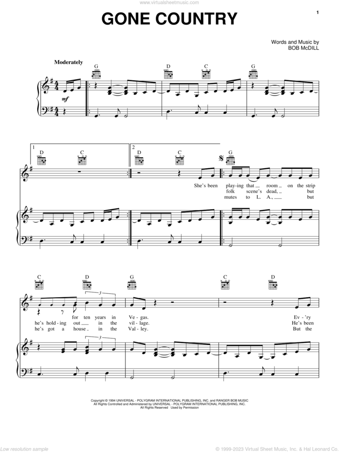 Gone Country sheet music for voice, piano or guitar by Alan Jackson and Bob McDill, intermediate skill level