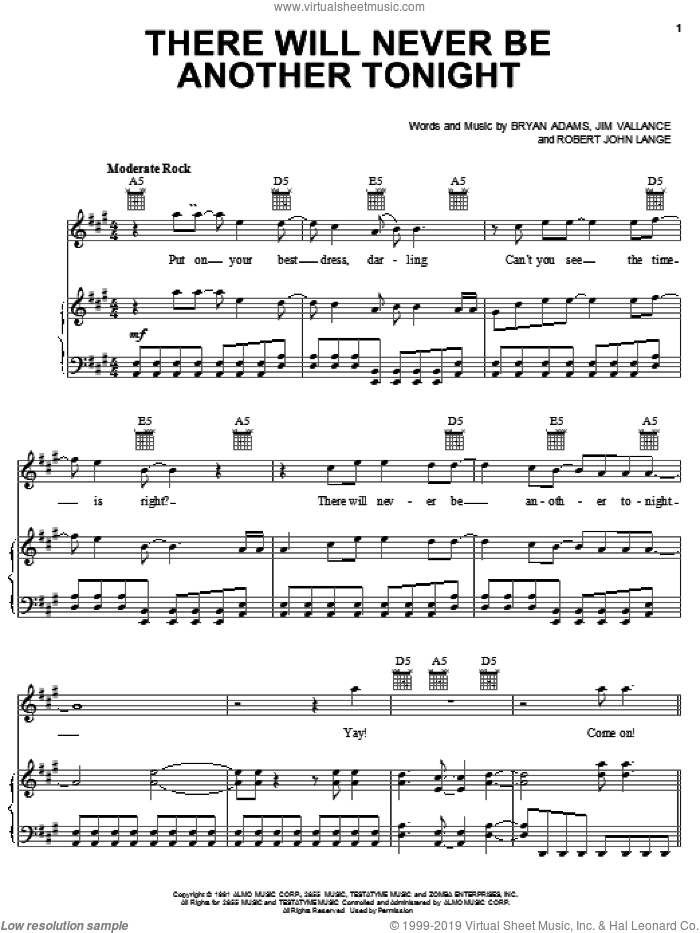 There Will Never Be Another Tonight sheet music for voice, piano or guitar by Bryan Adams, Jim Vallance and Robert John Lange, intermediate skill level