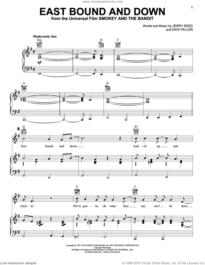 East Bound And Down sheet music for voice, piano or guitar by Jerry Reed and Dick Feller, intermediate skill level