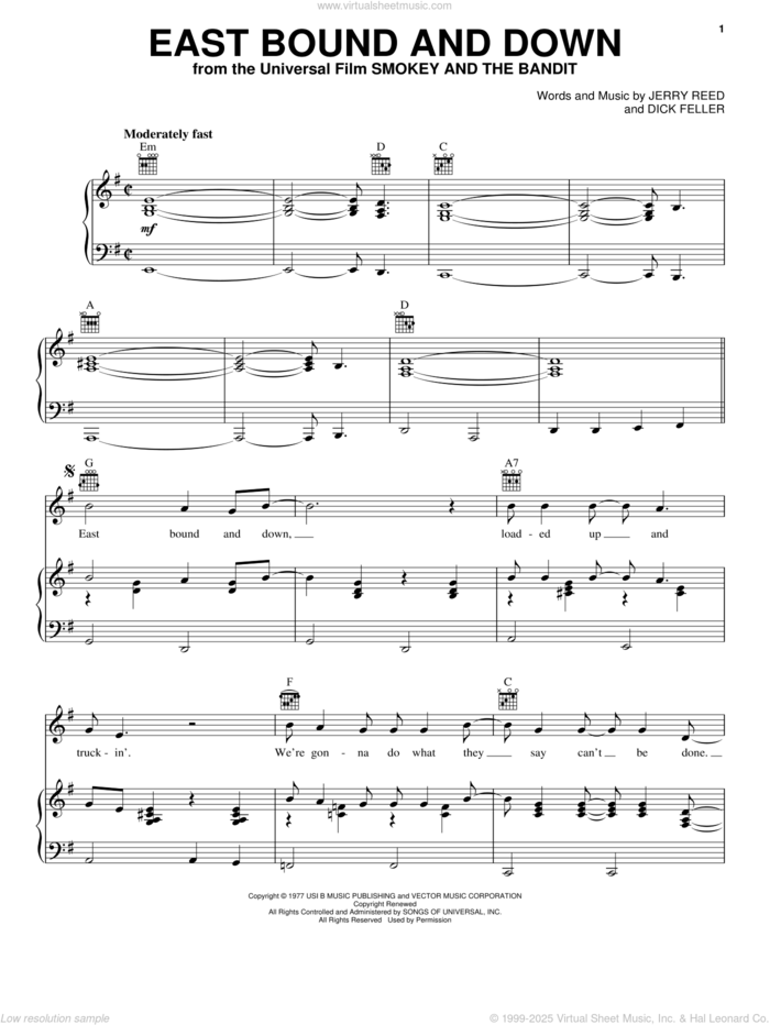 East Bound And Down sheet music for voice, piano or guitar by Jerry Reed and Dick Feller, intermediate skill level