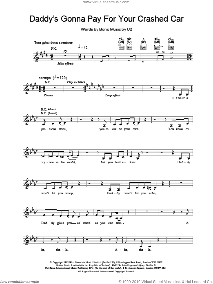 Daddy's Gonna Pay For Your Crashed Car sheet music for voice and other instruments (fake book) by U2 and Bono, intermediate skill level