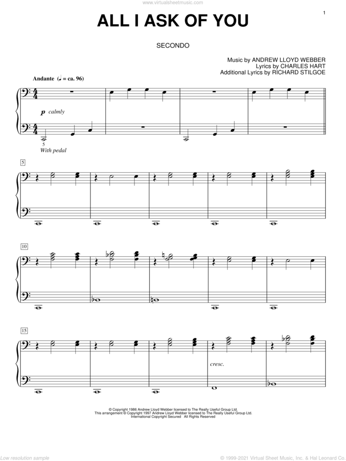 All I Ask Of You (from The Phantom Of The Opera) sheet music for piano four hands by Andrew Lloyd Webber, The Phantom Of The Opera (Musical), Charles Hart and Richard Stilgoe, wedding score, intermediate skill level