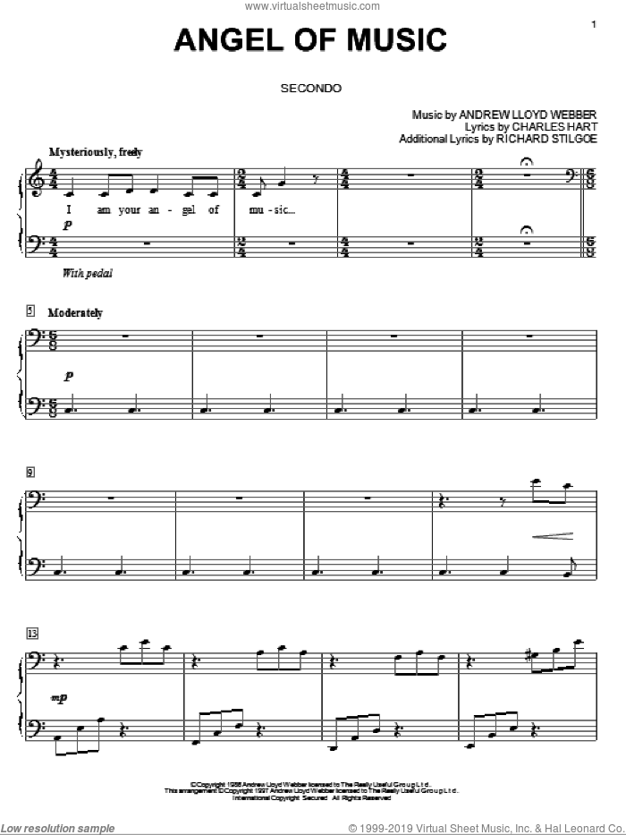 Angel Of Music (from The Phantom Of The Opera) sheet music for piano four hands by Andrew Lloyd Webber, The Phantom Of The Opera (Musical), Charles Hart and Richard Stilgoe, intermediate skill level