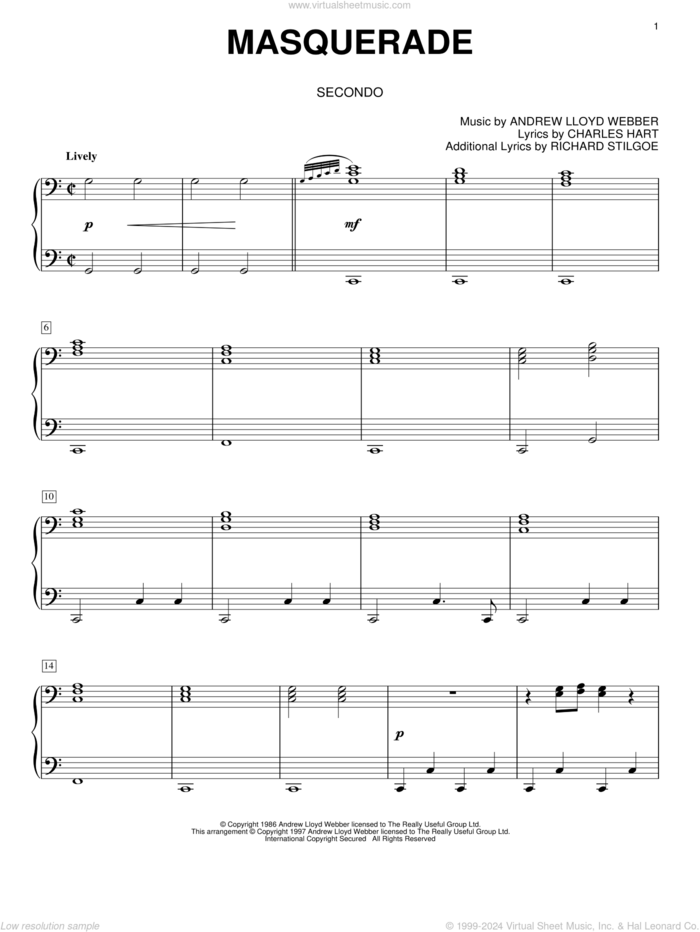 Masquerade (from The Phantom Of The Opera) sheet music for piano four hands by Andrew Lloyd Webber, The Phantom Of The Opera (Musical), Charles Hart and Richard Stilgoe, intermediate skill level