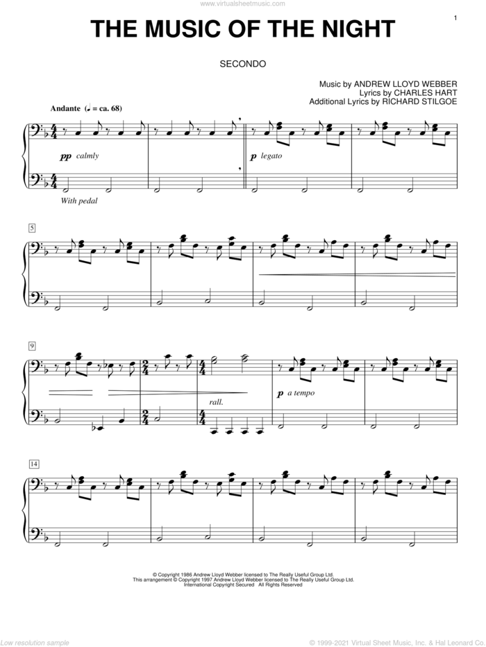 The Music Of The Night (from The Phantom Of The Opera) sheet music for piano four hands by Andrew Lloyd Webber, The Phantom Of The Opera (Musical), Charles Hart and Richard Stilgoe, intermediate skill level