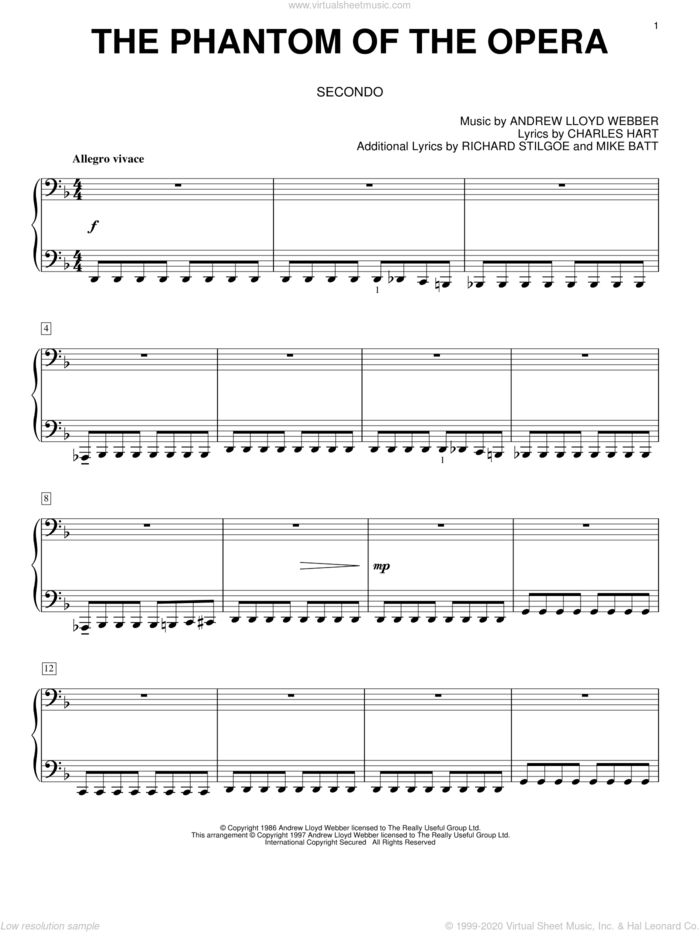 The Phantom Of The Opera sheet music for piano four hands by Andrew Lloyd Webber, The Phantom Of The Opera (Musical), Charles Hart, Mike Batt and Richard Stilgoe, intermediate skill level