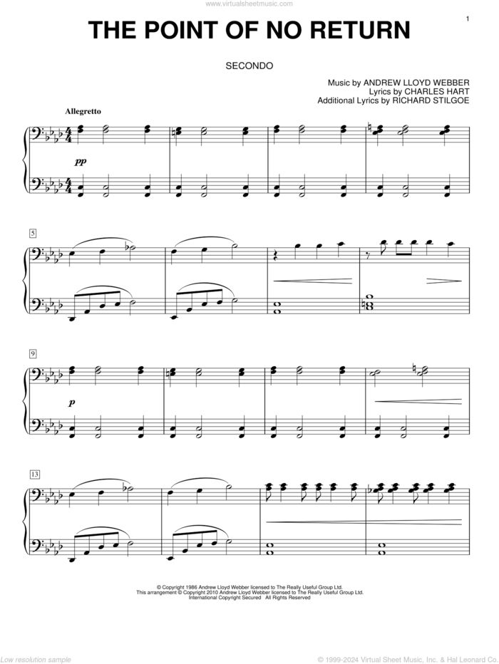 The Point Of No Return (from The Phantom Of The Opera) sheet music for piano four hands by Andrew Lloyd Webber, The Phantom Of The Opera (Musical), Charles Hart and Richard Stilgoe, intermediate skill level