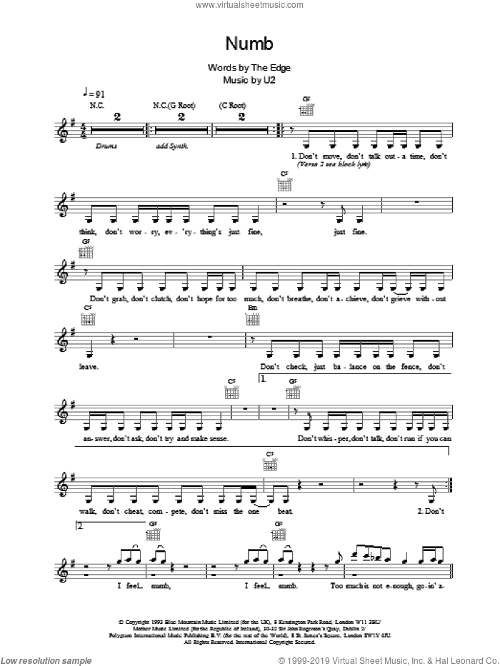 Numb sheet music for voice and other instruments (fake book) by U2 and The Edge, intermediate skill level