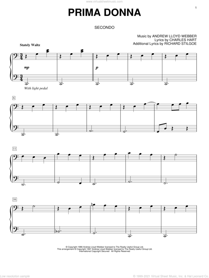 Prima Donna (from The Phantom Of The Opera) sheet music for piano four hands by Andrew Lloyd Webber, The Phantom Of The Opera (Musical), Charles Hart and Richard Stilgoe, intermediate skill level