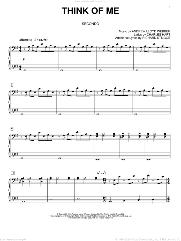 Think Of Me (from The Phantom Of The Opera) sheet music for piano four hands by Andrew Lloyd Webber, The Phantom Of The Opera (Musical), Charles Hart and Richard Stilgoe, intermediate skill level