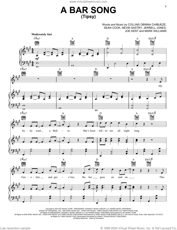 A Bar Song (Tipsy) sheet music for voice, piano or guitar by Shaboozey, Collins Obinna Chibueze, Jerrell Jones, Joe Anthony Kent, Mark Allen Williams, Nevin Sastry and Sean Cook, intermediate skill level