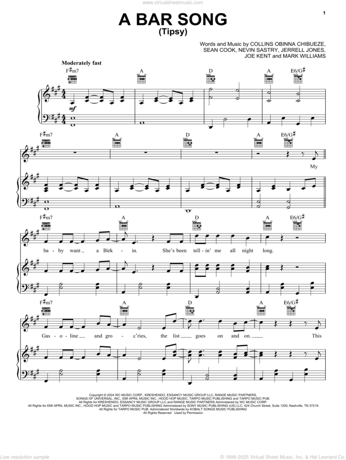 A Bar Song (Tipsy) sheet music for voice, piano or guitar by Shaboozey, Collins Obinna Chibueze, Jerrell Jones, Joe Anthony Kent, Mark Allen Williams, Nevin Sastry and Sean Cook, intermediate skill level