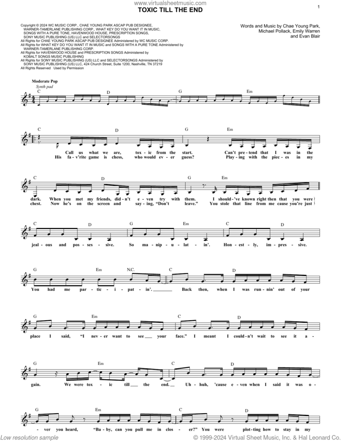 toxic till the end sheet music for voice and other instruments (fake book) by Rosé, Chae Young Park, Emily Warren, Evan Blair and Michael Pollack, intermediate skill level