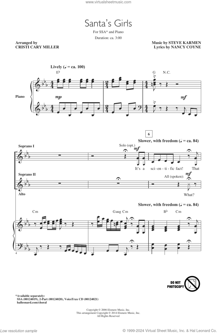 Santa's Girls (arr. Cristi Cary Miller) sheet music for choir (SSA: soprano, alto) by Steve Karmen, Cristi Cary Miller and Nancy Coyne, intermediate skill level