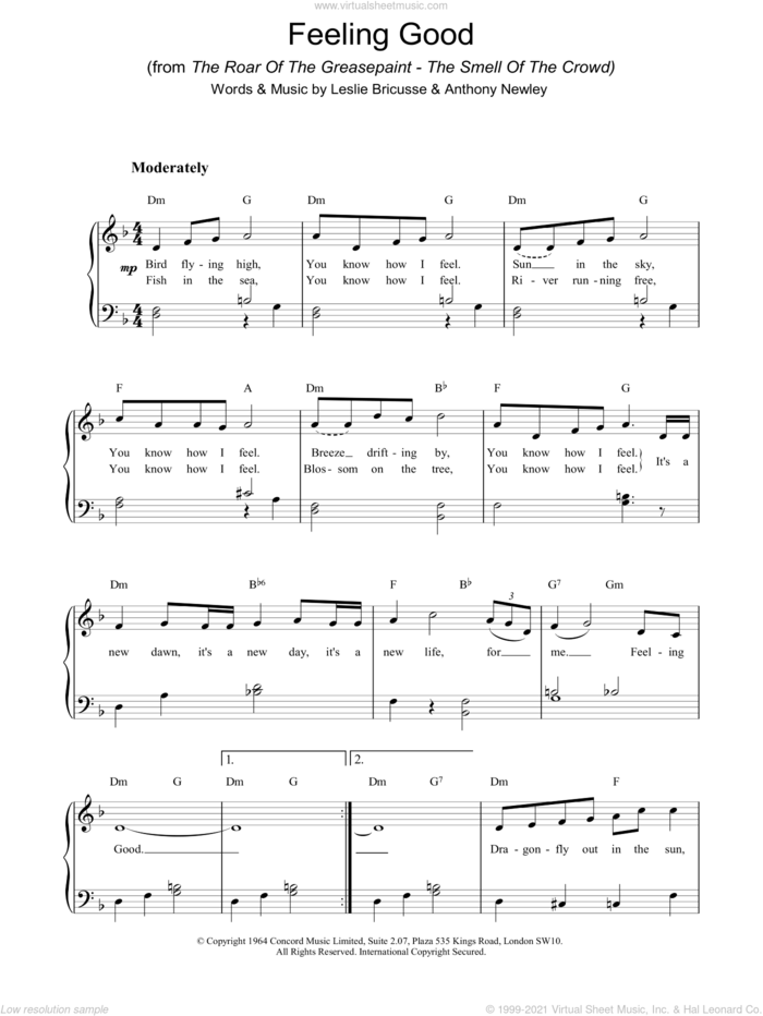 Feeling Good sheet music for piano solo by Leslie Bricusse and Anthony Newley, intermediate skill level