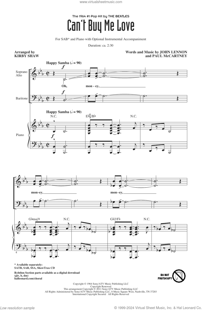 Can't Buy Me Love (arr. Kirby Shaw) sheet music for choir (SAB: soprano, alto, bass) by The Beatles, Kirby Shaw, John Lennon and Paul McCartney, intermediate skill level