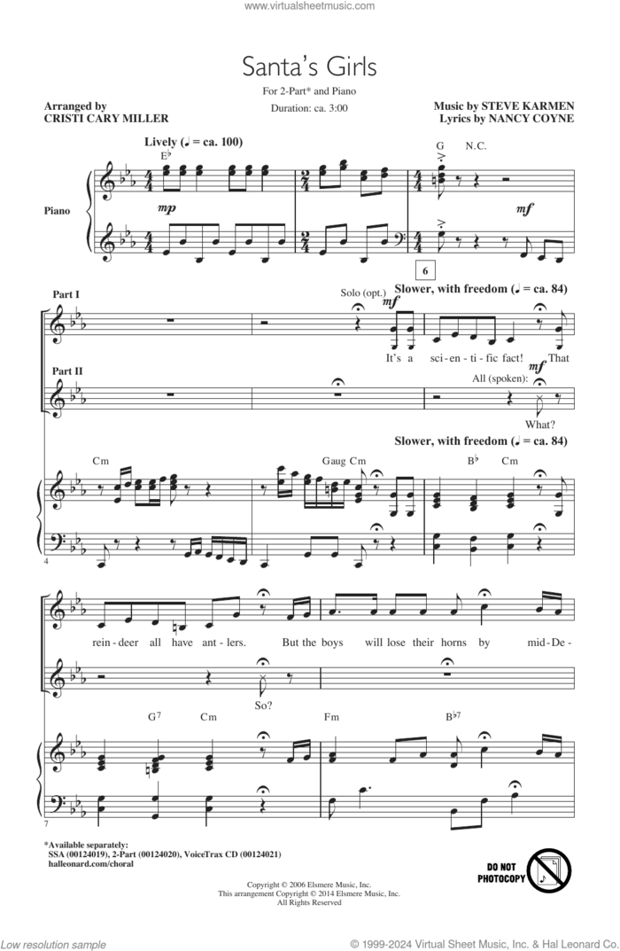 Santa's Girls (arr. Cristi Cary Miller) sheet music for choir (2-Part) by Steve Karmen, Cristi Cary Miller and Nancy Coyne, intermediate duet