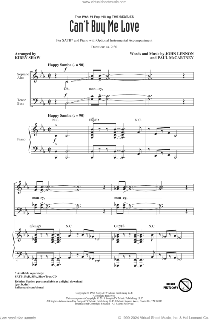 Can't Buy Me Love (arr. Kirby Shaw) sheet music for choir (SATB: soprano, alto, tenor, bass) by The Beatles, Kirby Shaw, John Lennon and Paul McCartney, intermediate skill level