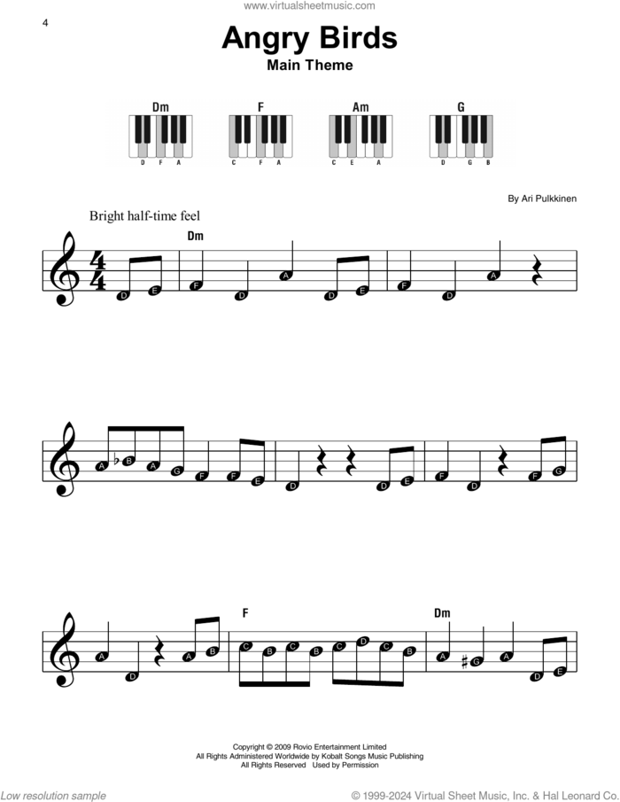 Angry Birds (Main Theme) sheet music for piano solo by Ari Pulkkinen, beginner skill level