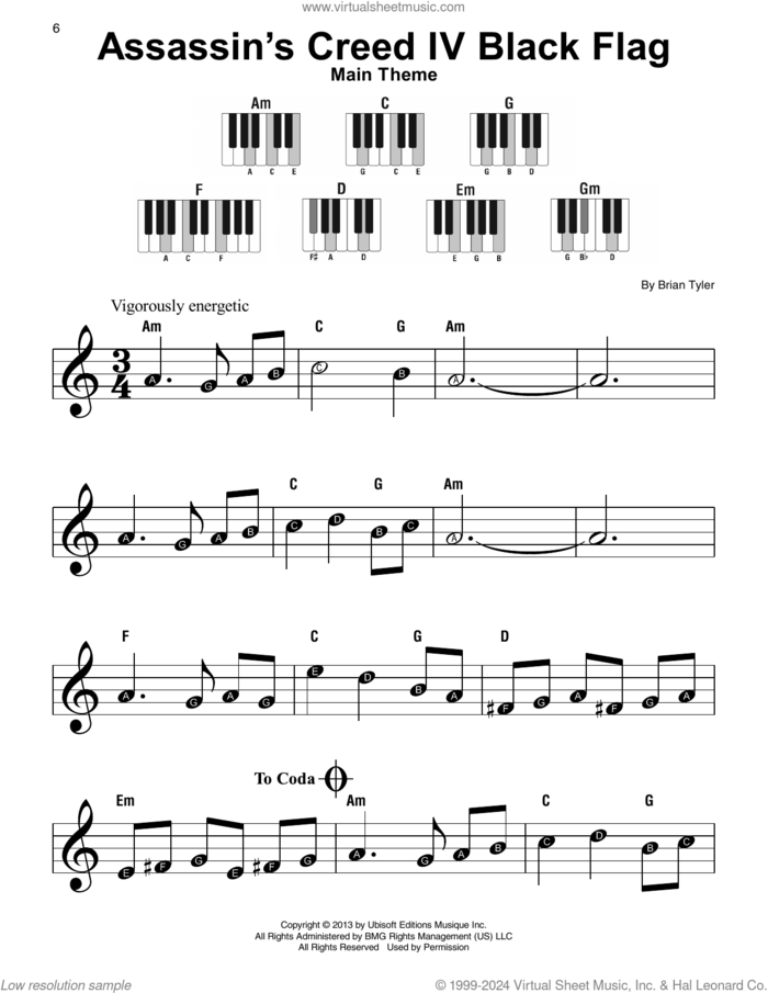 Assassin's Creed IV Black Flag (Main Theme) sheet music for piano solo by Brian Tyler, beginner skill level