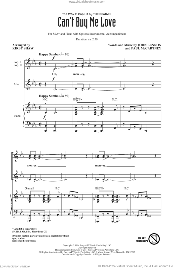 Can't Buy Me Love (arr. Kirby Shaw) sheet music for choir (SSA: soprano, alto) by The Beatles, Kirby Shaw, John Lennon and Paul McCartney, intermediate skill level