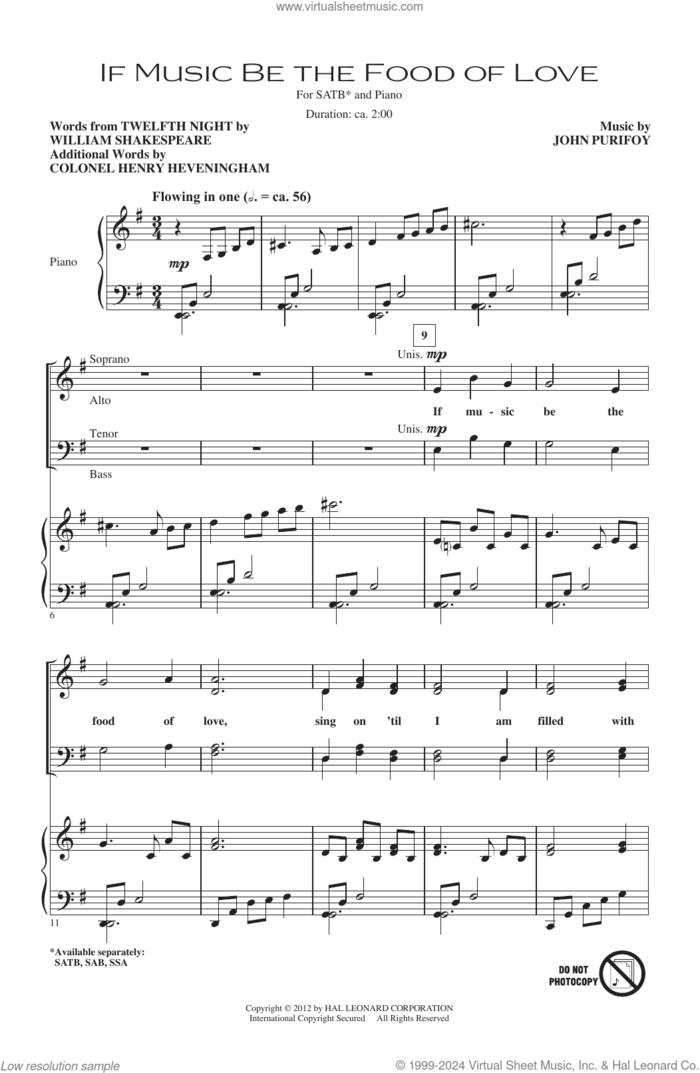 If Music Be The Food Of Love (from Shakespeare's Twelfth Night) sheet music for choir (SATB: soprano, alto, tenor, bass) by John Purifoy, Henry Heveningham and William Shakespeare, intermediate skill level