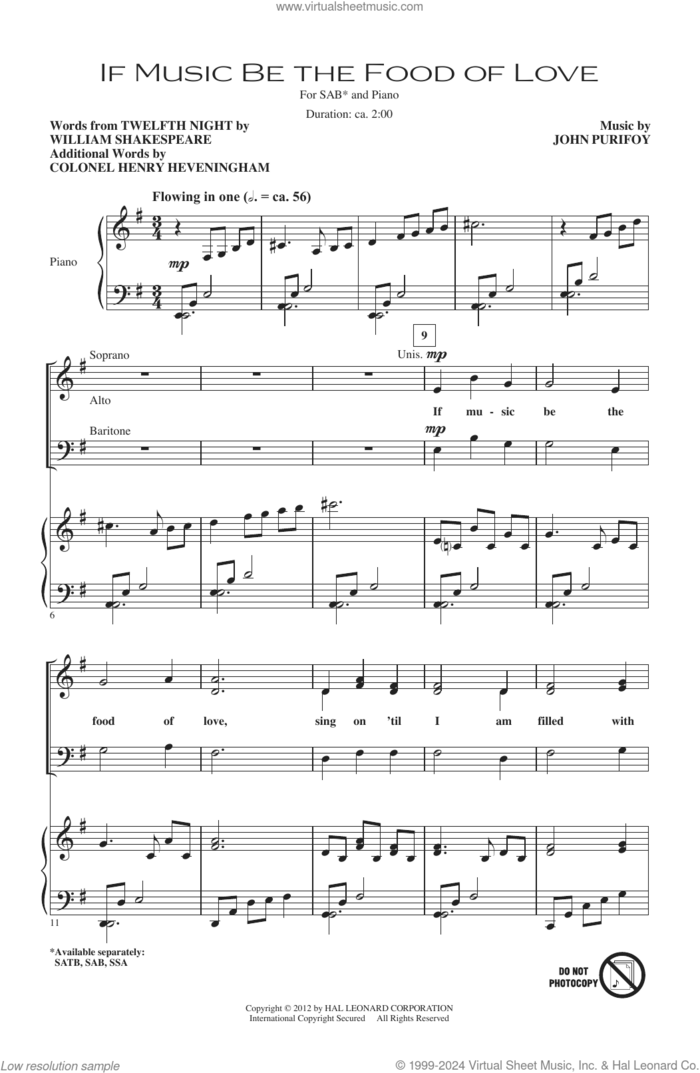 If Music Be The Food Of Love (from Shakespeare's Twelfth Night) sheet music for choir (SAB: soprano, alto, bass) by John Purifoy, Henry Heveningham and William Shakespeare, intermediate skill level