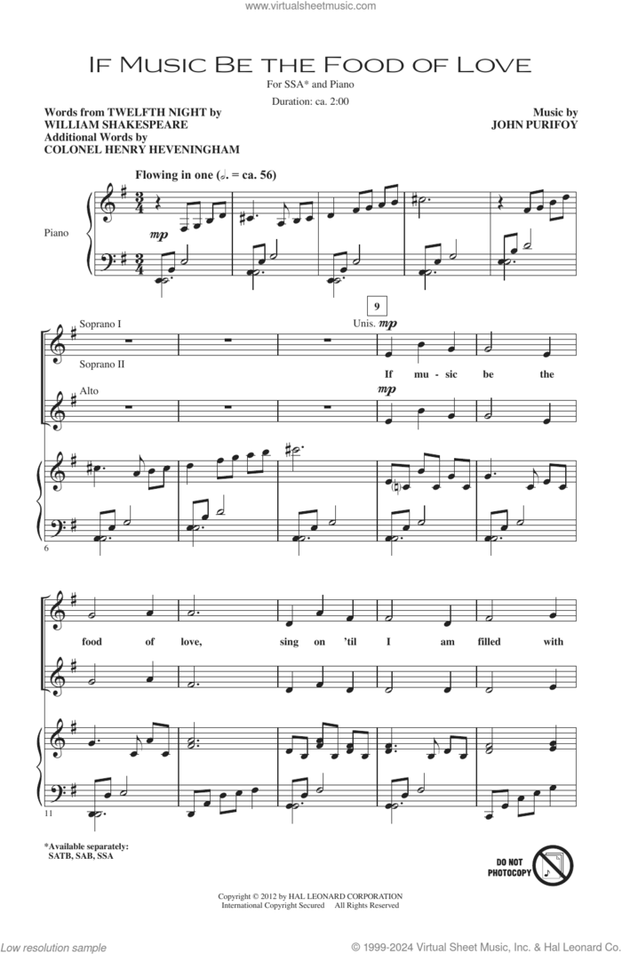 If Music Be The Food Of Love (from Shakespeare's Twelfth Night) sheet music for choir (SSA: soprano, alto) by John Purifoy, Henry Heveningham and William Shakespeare, intermediate skill level