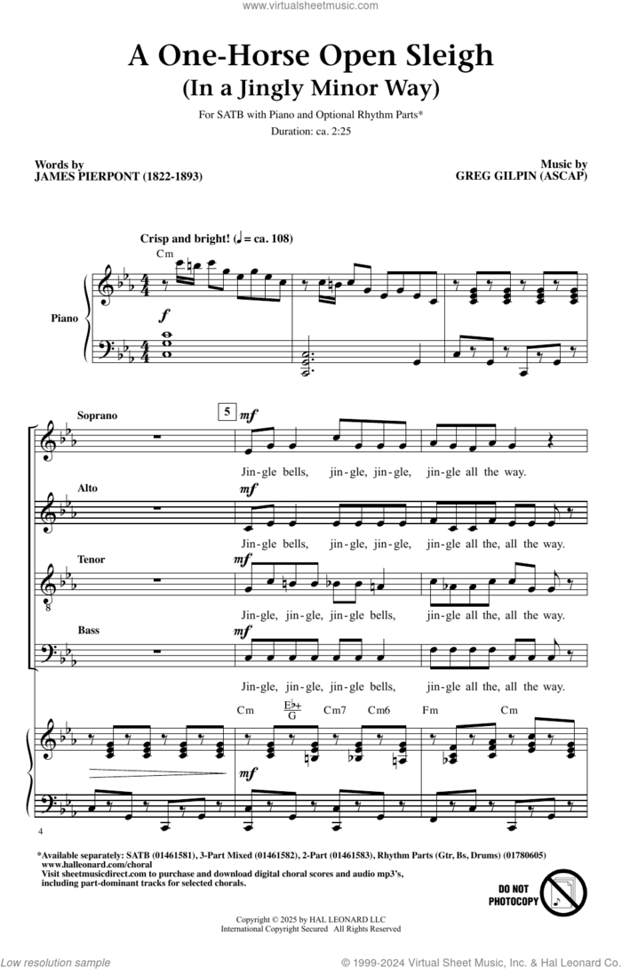 A One-Horse Open Sleigh (In A Jingly Minor Way) sheet music for choir (SATB: soprano, alto, tenor, bass) by Greg Gilpin and James Pierpont, intermediate skill level