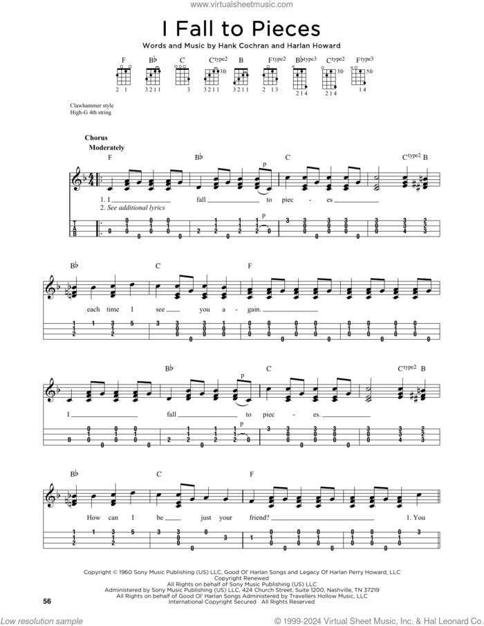 I Fall To Pieces (arr. Jim Schustedt) sheet music for ukulele by Patsy Cline, Jim Schustedt, Hank Cochran and Harlan Howard, intermediate skill level