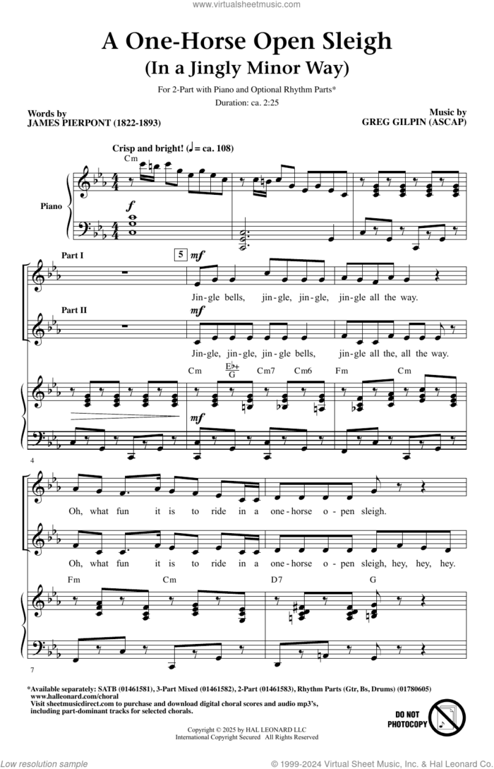 A One-Horse Open Sleigh (In A Jingly Minor Way) sheet music for choir (2-Part) by Greg Gilpin and James Pierpont, intermediate duet