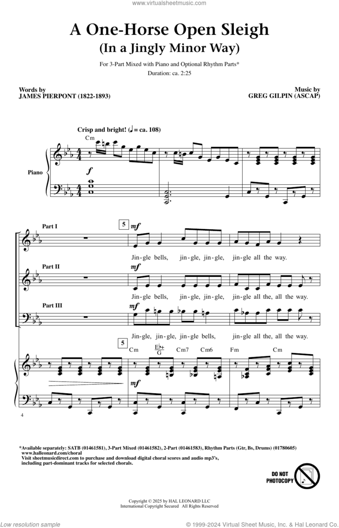 A One-Horse Open Sleigh (In A Jingly Minor Way) sheet music for choir (3-Part Mixed) by Greg Gilpin and James Pierpont, intermediate skill level