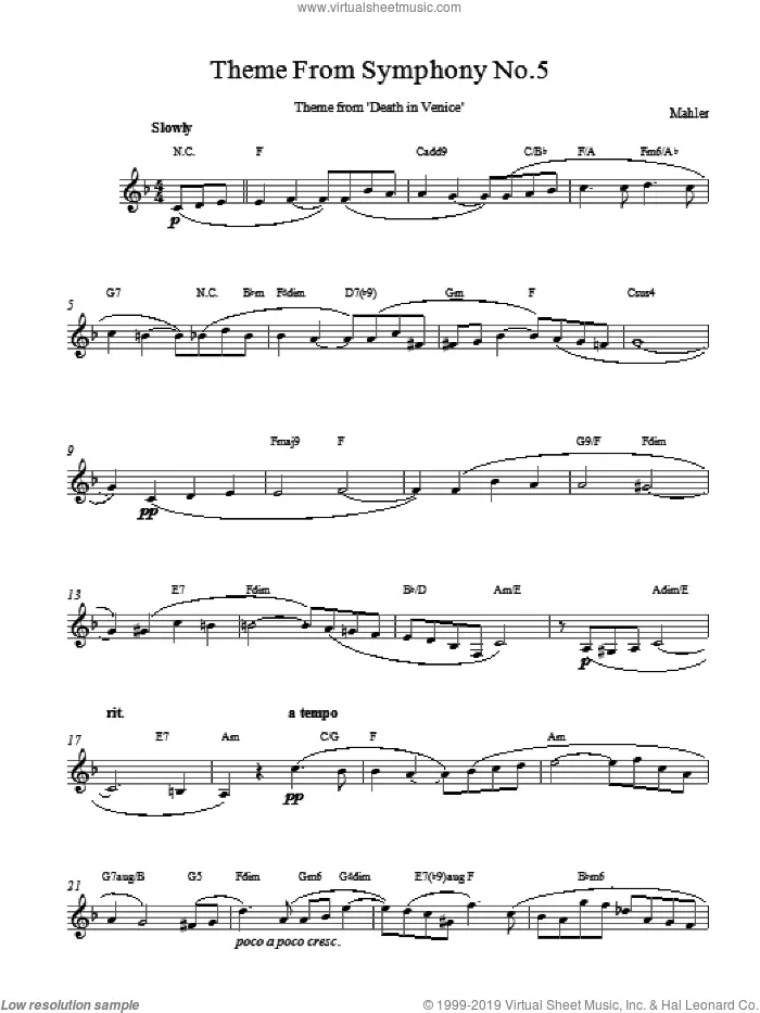 Adagietto (from Symphony No. 5, 4th Movement) sheet music for voice and other instruments (fake book) by Gustav Mahler, classical score, intermediate skill level