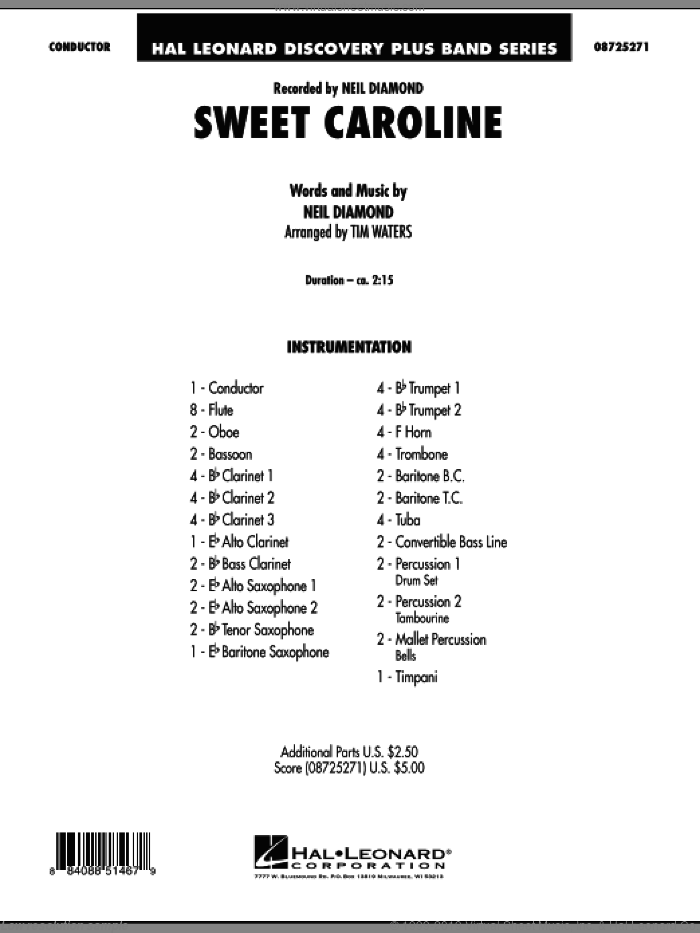 Sweet Caroline (COMPLETE) sheet music for concert band by Neil Diamond and Tim Waters, intermediate skill level