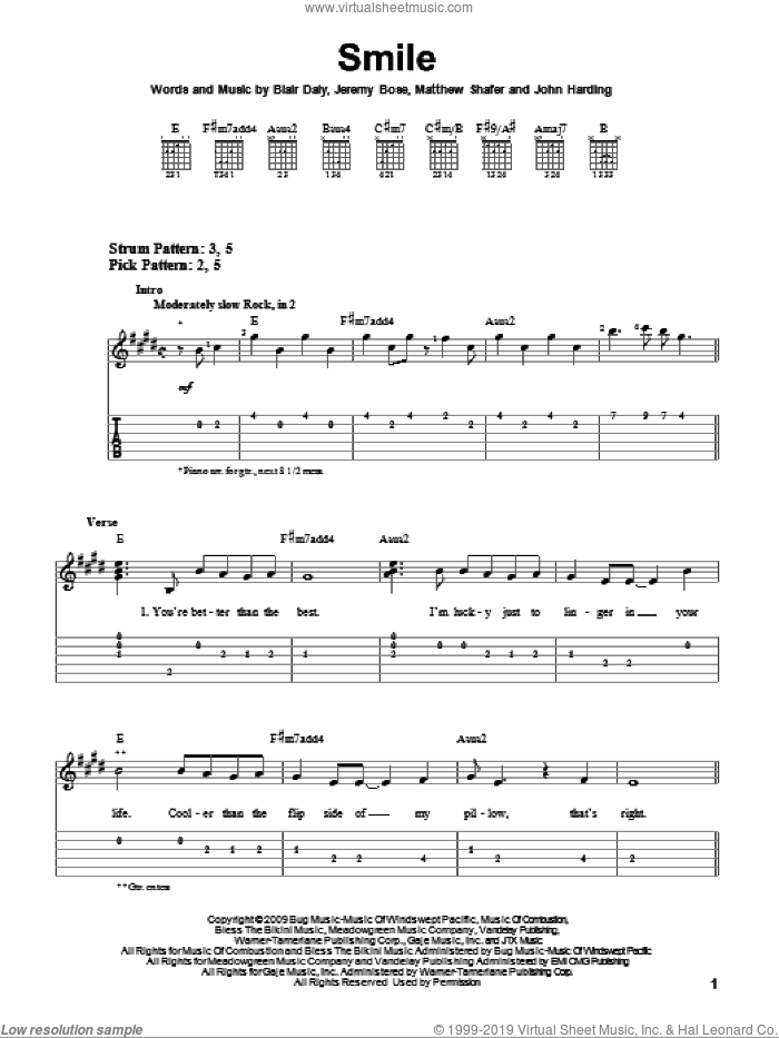 Smile sheet music for guitar solo (easy tablature) by Uncle Kracker, Blair Daly, Jeremy Bose, John Harding and Matthew Shafer, easy guitar (easy tablature)