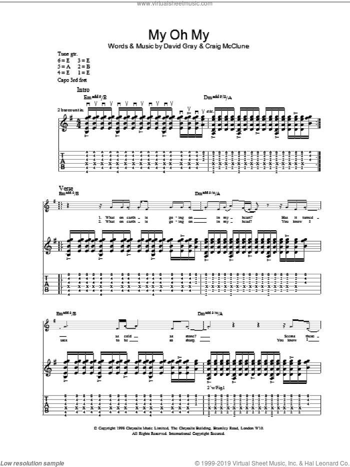 My Oh My sheet music for guitar (tablature) by David Gray and CRAIG McCLUNE, intermediate skill level