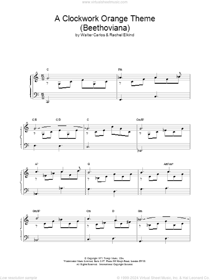 A Clockwork Orange Theme (Beethoviana) sheet music for piano solo by Walter & Elkind, Rachel Carlos, Rachel Elkind and Walter Carlos, intermediate skill level