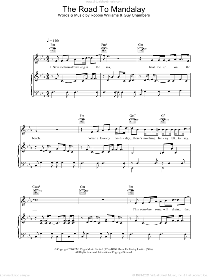 The Road To Mandalay sheet music for voice, piano or guitar by Robbie Williams and Guy Chambers, intermediate skill level
