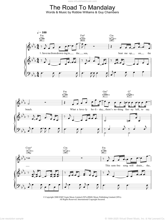 The Road To Mandalay sheet music for voice, piano or guitar by Robbie Williams and Guy Chambers, intermediate skill level