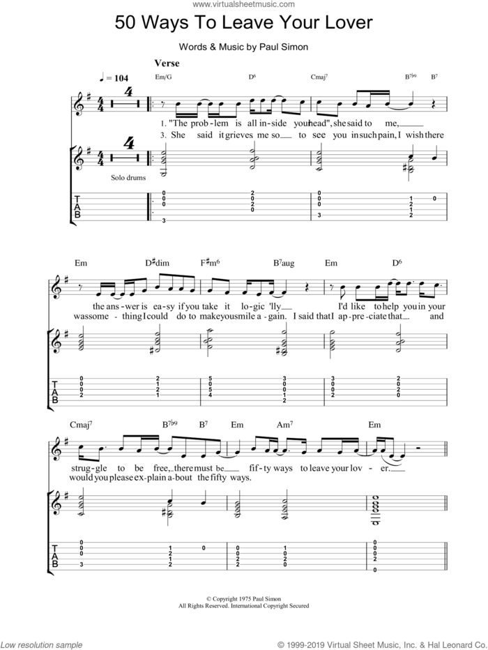 50 Ways To Leave Your Lover sheet music for guitar (tablature) by Simon & Garfunkel and Paul Simon, intermediate skill level