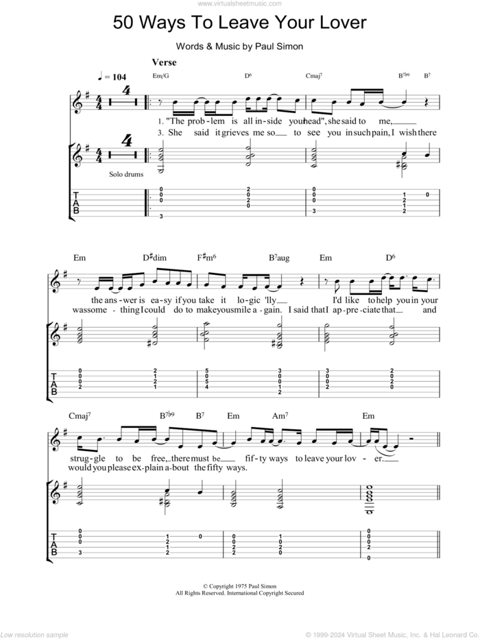 50 Ways To Leave Your Lover sheet music for guitar (tablature) by Simon & Garfunkel and Paul Simon, intermediate skill level