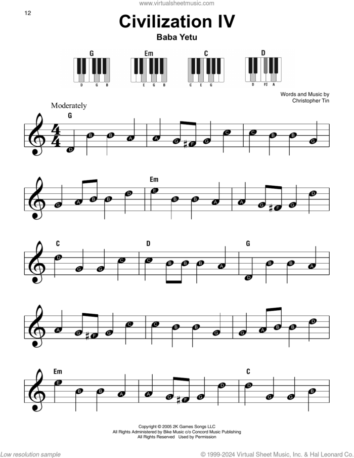 Baba Yetu (from Civilization IV), (beginner) sheet music for piano solo by Christopher Tin, beginner skill level