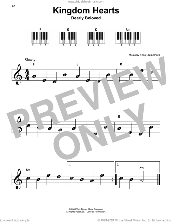 Dearly Beloved (from Kingdom Hearts) sheet music for piano solo by Yoko Shimomura, beginner skill level