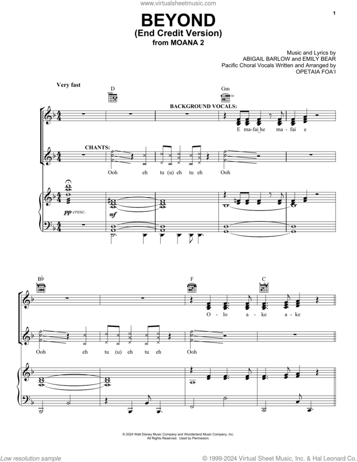 Beyond (End Credit Version) sheet music for voice, piano or guitar by Auli'i Cravalho, Abigail Barlow and Emily Bear, intermediate skill level