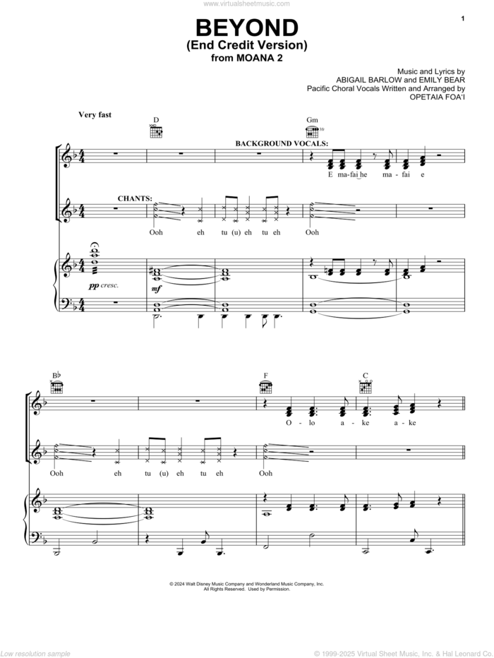 Beyond (End Credit Version) (from Moana 2) sheet music for voice, piano or guitar by Auli'i Cravalho, Abigail Barlow and Emily Bear, intermediate skill level