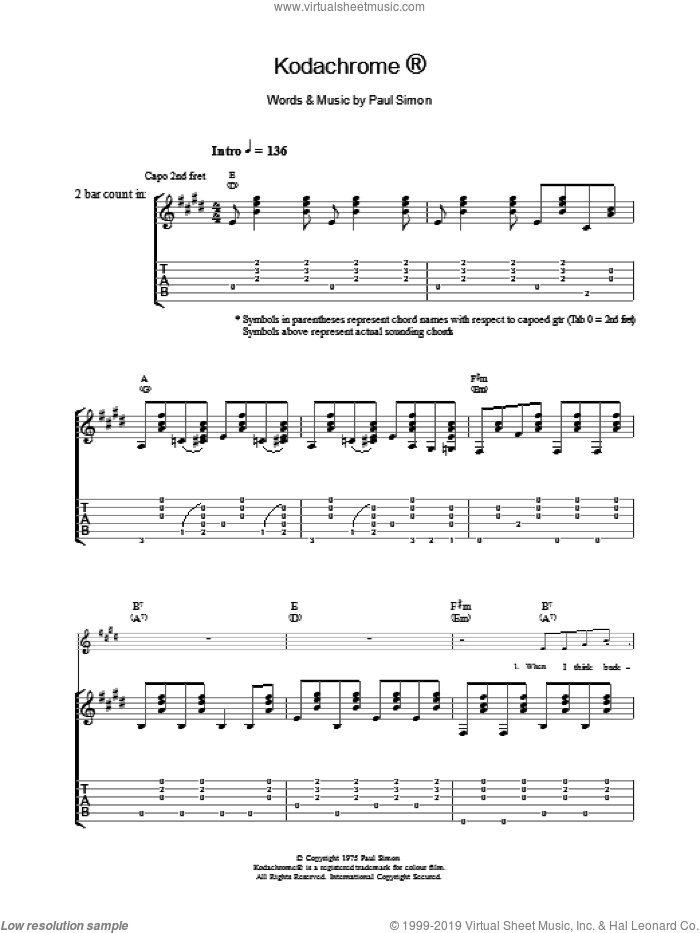 Kodachrome sheet music for guitar (tablature) by Paul Simon, intermediate skill level