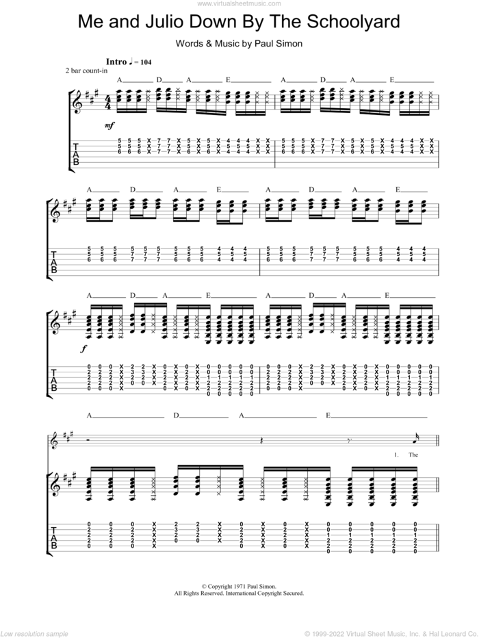 Me And Julio Down By The Schoolyard sheet music for guitar (tablature) by Paul Simon, intermediate skill level